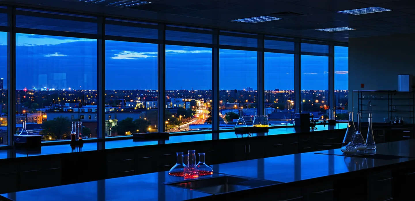 Boston biotech laboratory environment at dusk, modern research facility with Kendall Square skyline visible through floor-to-ceiling windows