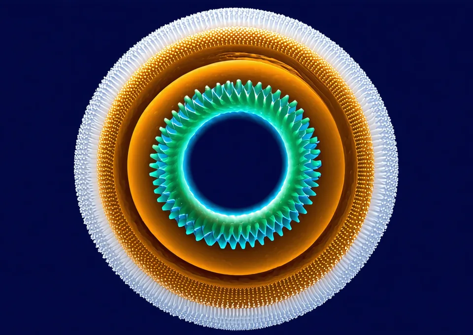 Cutaway diagram of a lipid nanoparticle showing ionizable lipid core, PEG-lipid corona, mRNA payload, and cholesterol helper lipid bilayer